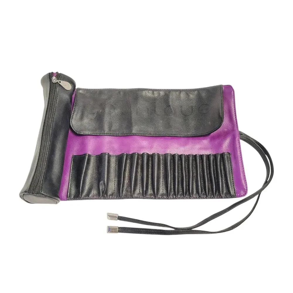 Younique Makeup Brush Case Roll Up Bag Zipper Pouch & Tie-15 slots Black Purple